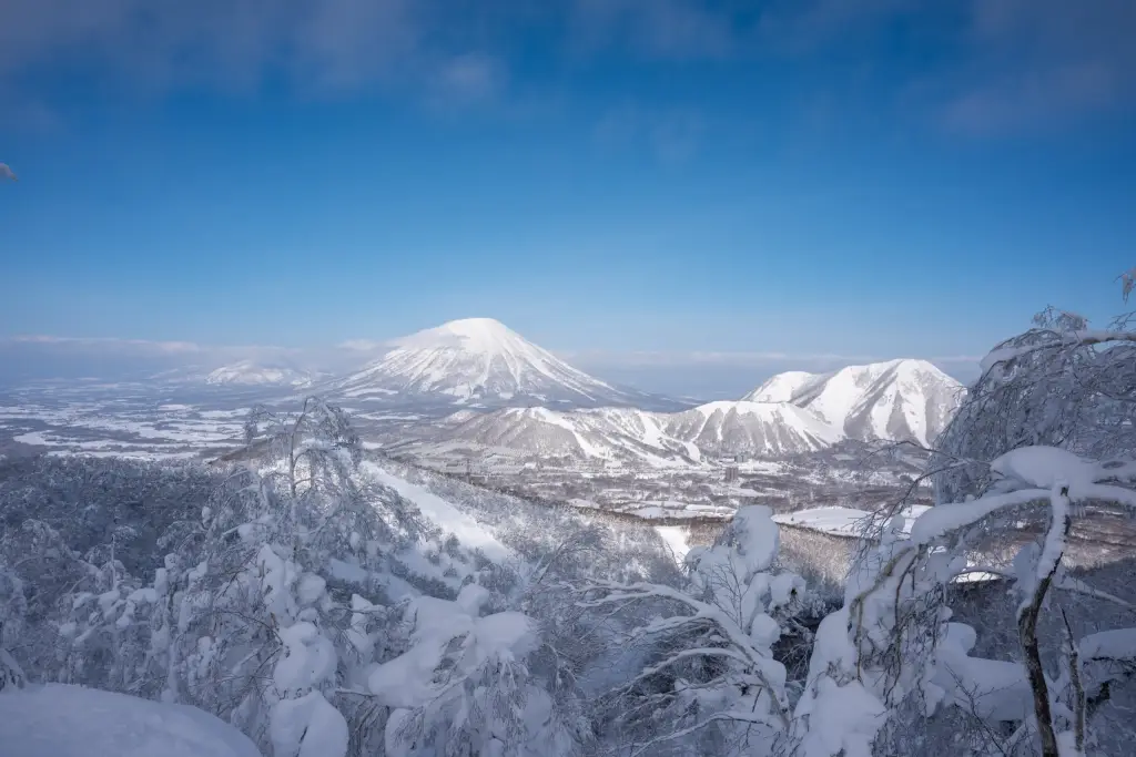 Blick vom Skigebiet Rusutsu auf den Vulkan Yotei