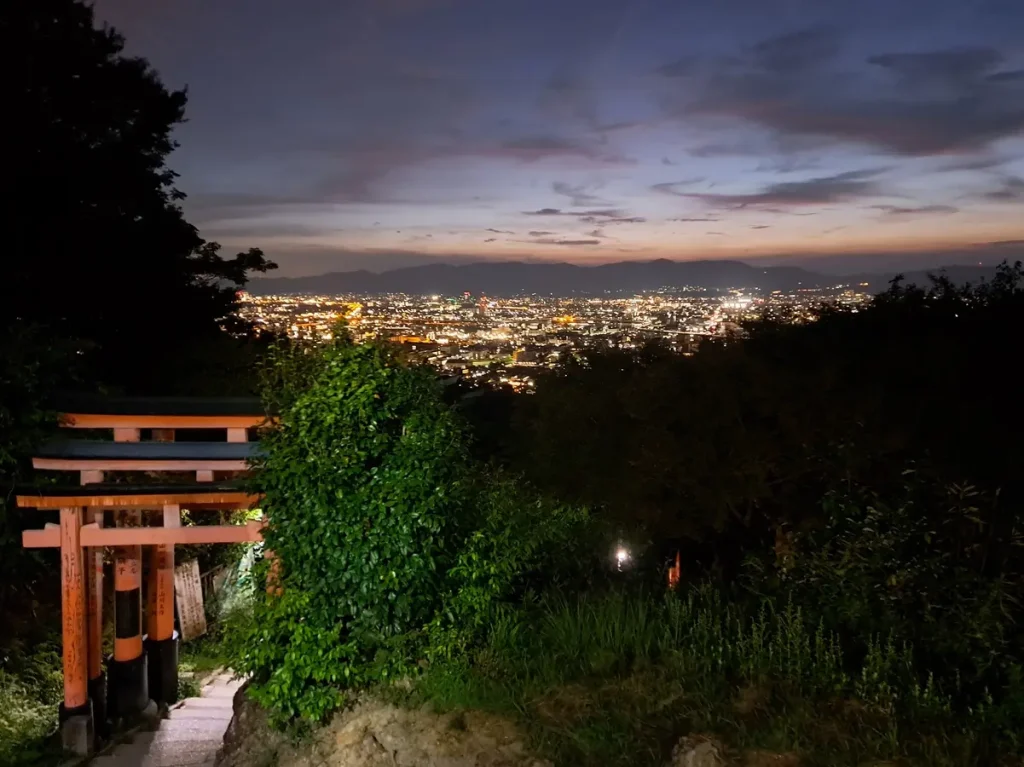 Wir geniessen die fantastische Aussicht von oben über die Stadt Kyoto.