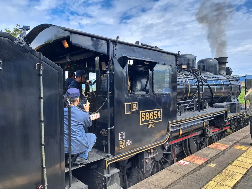 Im Bahnhof Aso fährt eine Dampflokomotive ein.